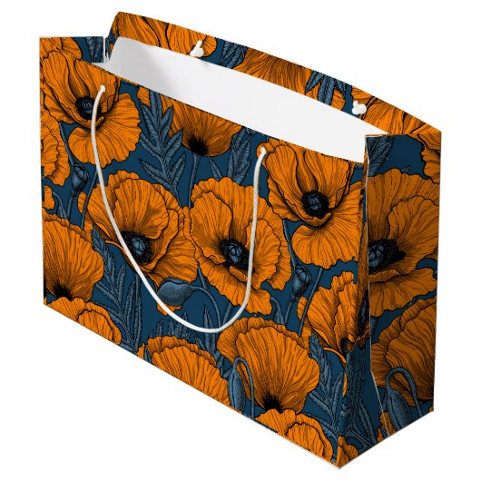 Oranje papaver op donkerblauw groot cadeauzakje (Achterkant Gekanteld)