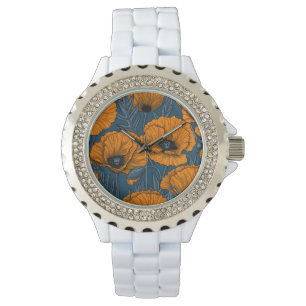 Oranje papaver op donkerblauw horloge