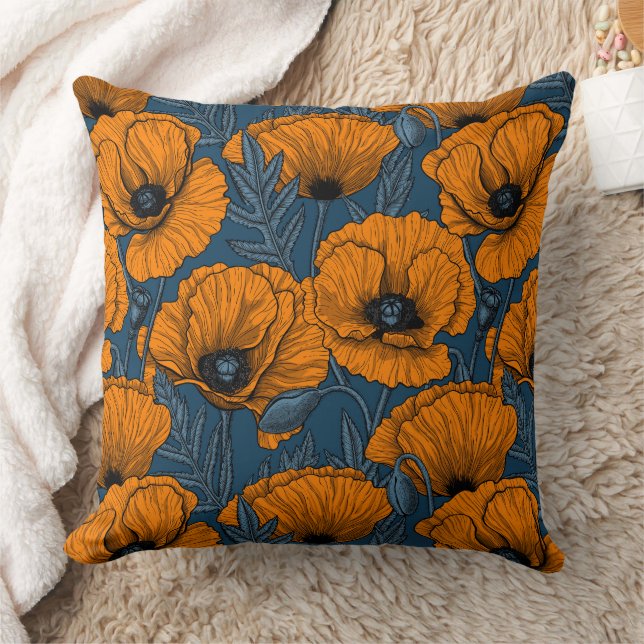 Oranje papaver op donkerblauw kussen (Deken)