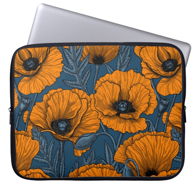 Oranje papaver op donkerblauw laptop sleeve (Voorkant)