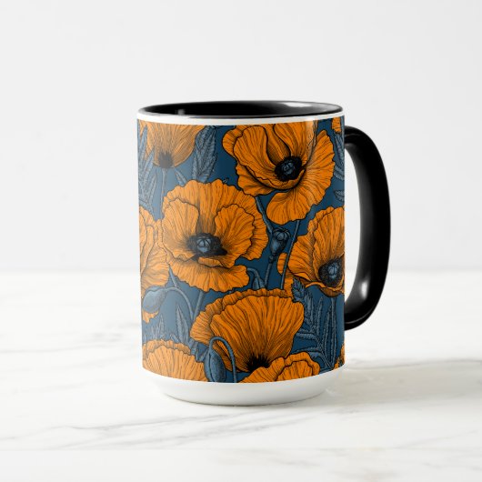 Oranje papaver op donkerblauw mok (Voorkant rechts)