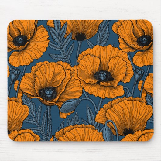 Oranje papaver op donkerblauw muismat (Voorkant)