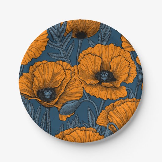 Oranje papaver op donkerblauw papieren bordje (Voorkant)