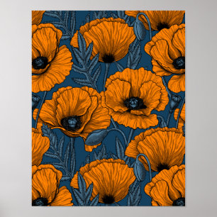 Oranje papaver op donkerblauw poster
