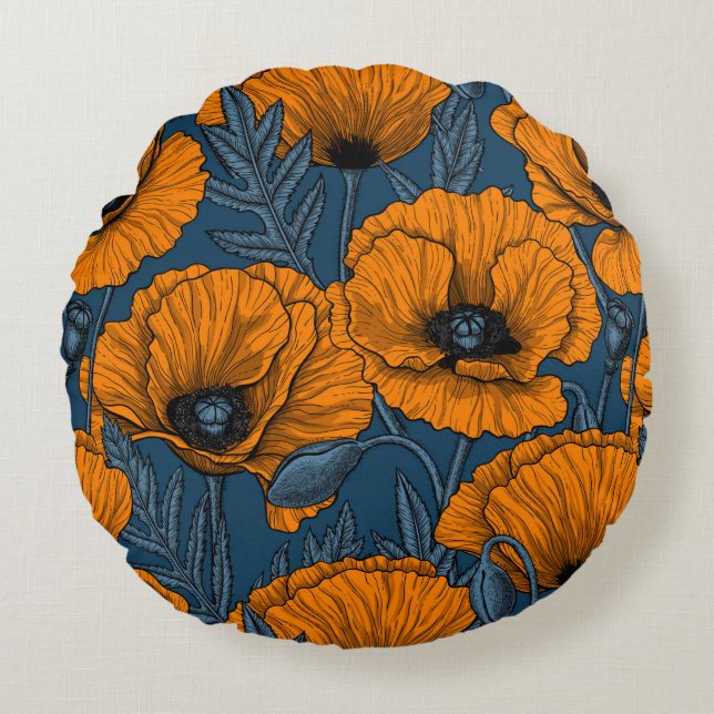 Oranje papaver op donkerblauw rond kussen (Voorkant)