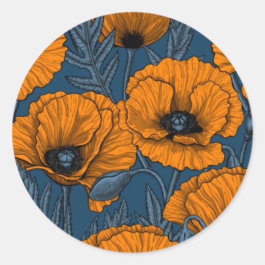 Oranje papaver op donkerblauw ronde sticker (Voorkant)