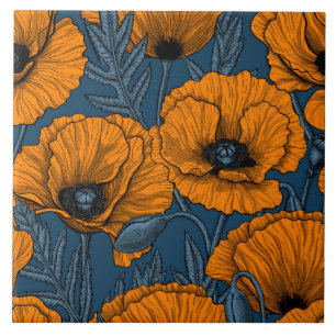 Oranje papaver op donkerblauw tegeltje