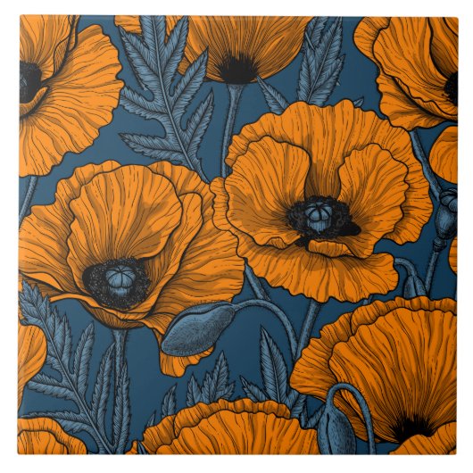 Oranje papaver op donkerblauw tegeltje (Voorkant)