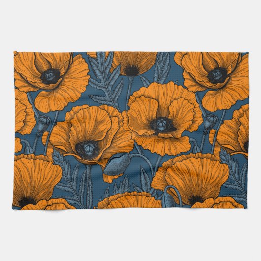 Oranje papaver op donkerblauw theedoek (Horizontaal)
