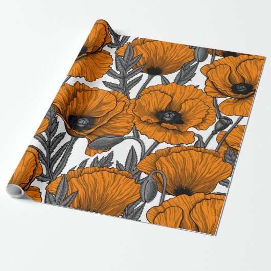 Oranje papaver op wit cadeaupapier (Uitgerold)