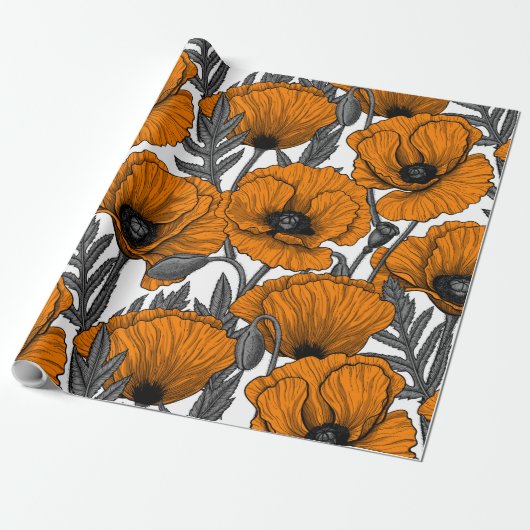 Oranje papaver op wit cadeaupapier (Uitgerold)