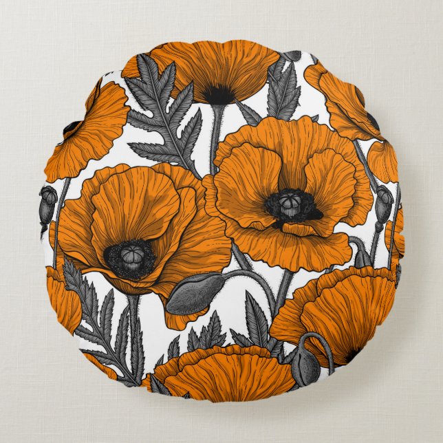 Oranje papaver op wit rond kussen (Voorkant)