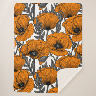 Oranje papaver op wit sherpa deken