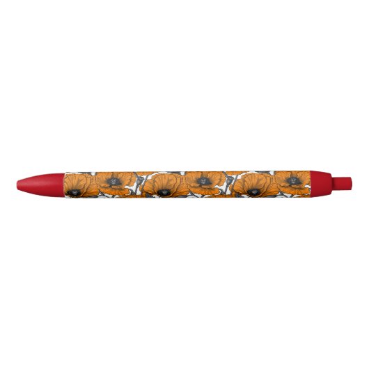 Oranje papaver op wit zwarte inkt pen (Voorkant)