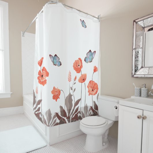 Oranje papaverbloemen en blauwe vlinders Tuin Douchegordijn (In situ)