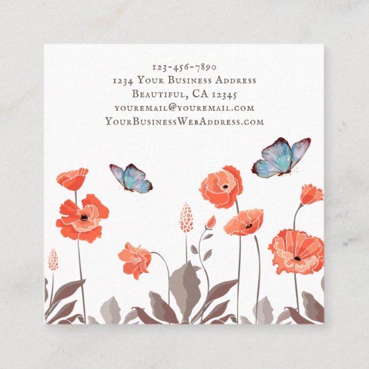 Oranje papaverbloemen en blauwe vlinders Tuin Vierkante Visitekaartje (Achterkant)