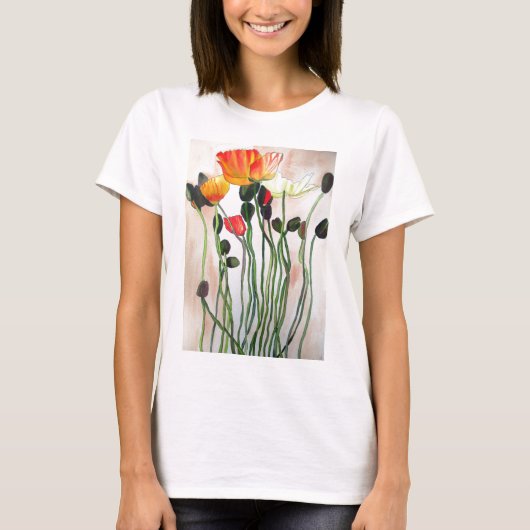 Oranje papaverbloemen waterverf kunst t-shirt (Voorkant)