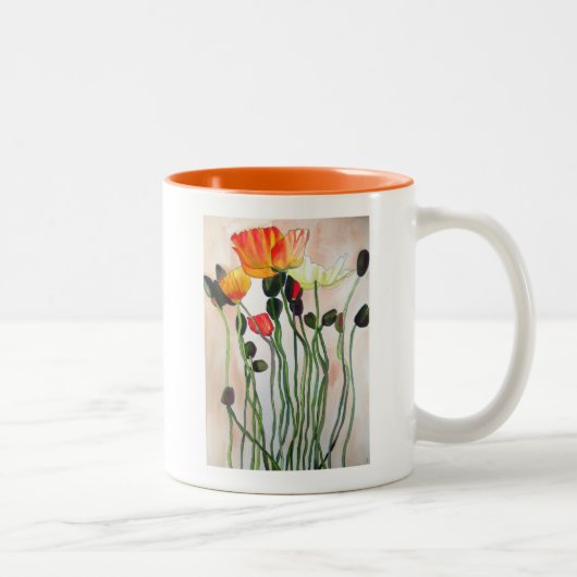 Oranje papaverbloemen waterverf kunst tweekleurige koffiemok (Rechts)