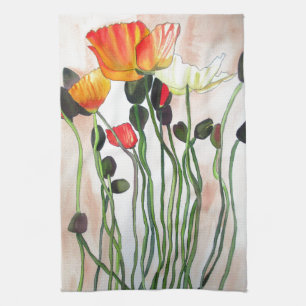 Oranje papaverbloemen waterverf schilderij theedoek