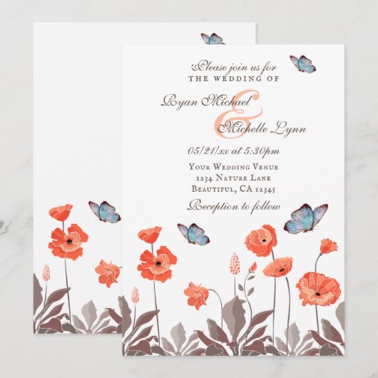 Oranje papavers en blauwe vlinders kaart (Voorkant / Achterkant)