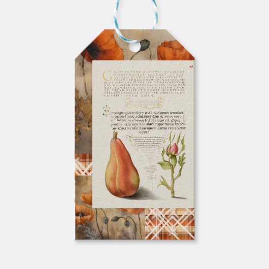 Oranje papavers, peer, geruite, Herfst oogst colla Cadeaulabel (Voorkant)