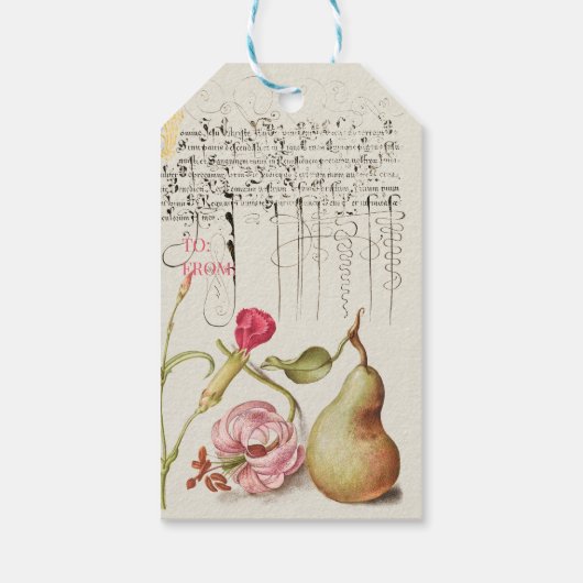 Oranje papavers, peer, geruite, Herfst oogst colla Cadeaulabel (Achterkant)