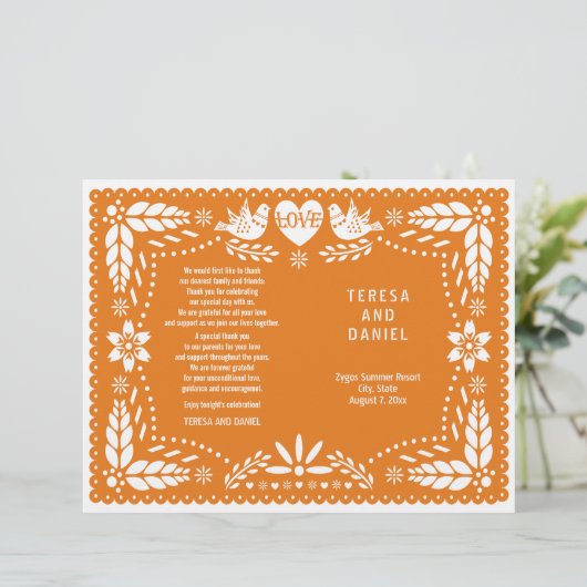 Oranje papel Picado bruiloft fista-vouwprogramma (Staand voorkant)