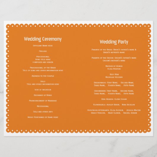 Oranje papel Picado bruiloft fista-vouwprogramma (Achterkant)