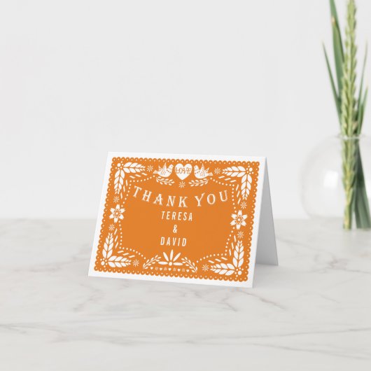 Oranje papel picado houden van vogeljacht bruiloft kaart (Voorkant)
