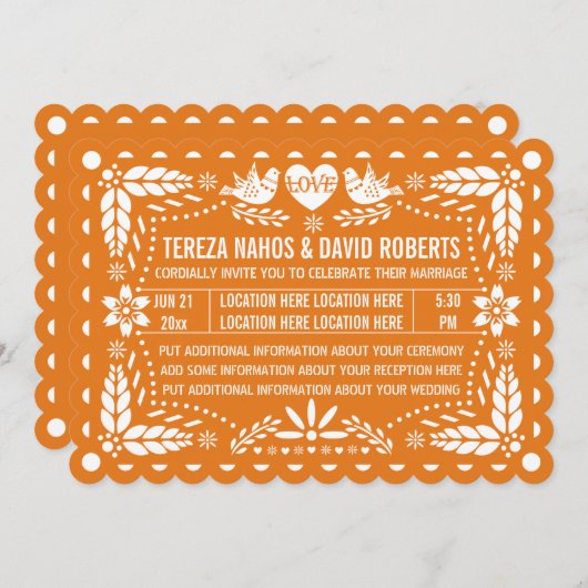 Oranje papel picado houdt van de fiësta bruiloft kaart (Voorkant / Achterkant)