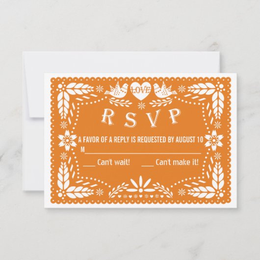 Oranje papel picado liefde vogels bruiloft RSVP (Voorkant)