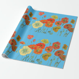 Oranje papier met rode papavers blauw Waterverf