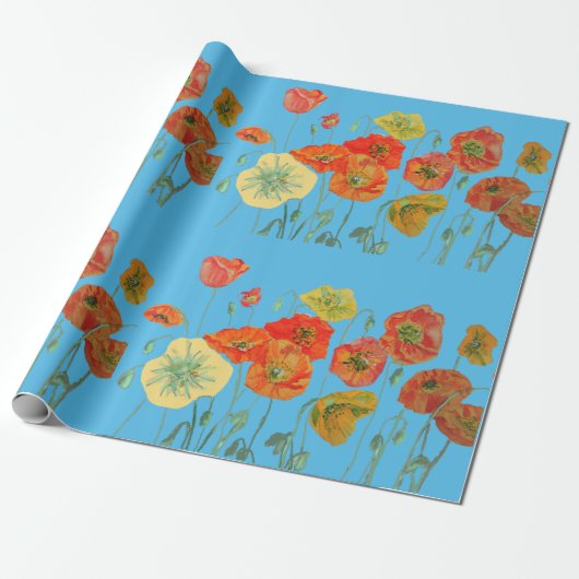 Oranje papier met rode papavers blauw Waterverf (Uitgerold)