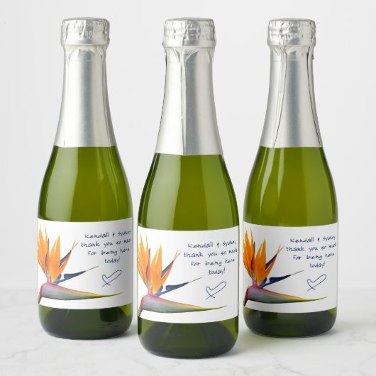 Oranje paradijsvogel bruiloft champagne sparkling wijnetiket (Flessen)