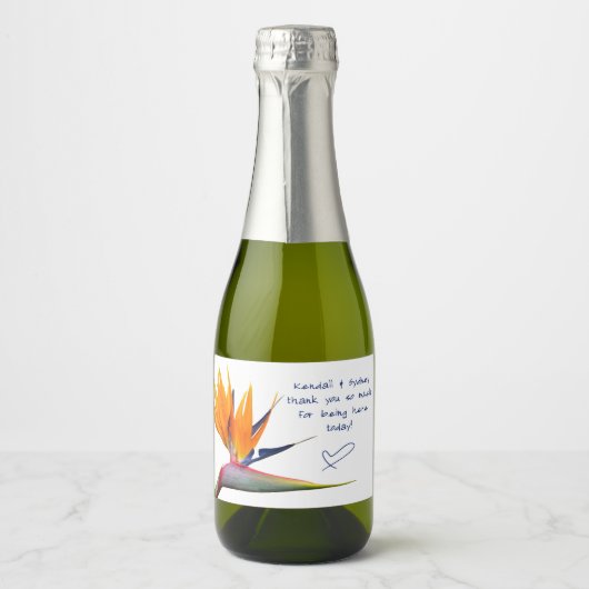 Oranje paradijsvogel bruiloft champagne sparkling wijnetiket (Voorkant)