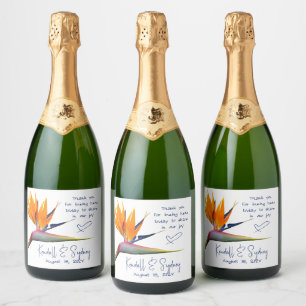 Oranje paradijsvogel bruiloft sparkling wijnetiket