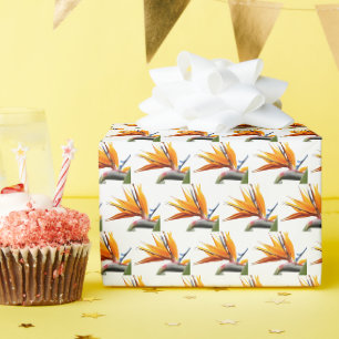 Oranje Paradijsvogel Plant Patroon op wit Cadeaupapier