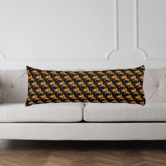 Oranje Paradijsvogel Plant Patroon op zwart Lichaamskussen
