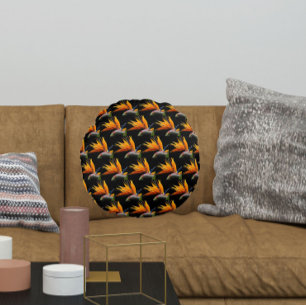 Oranje Paradijsvogel Plant Patroon op zwart Rond Kussen