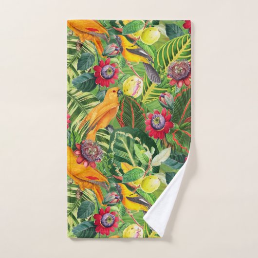 Oranje parrots in het Tropische Bloem van het Oerw Bad Handdoek (Handdoek)