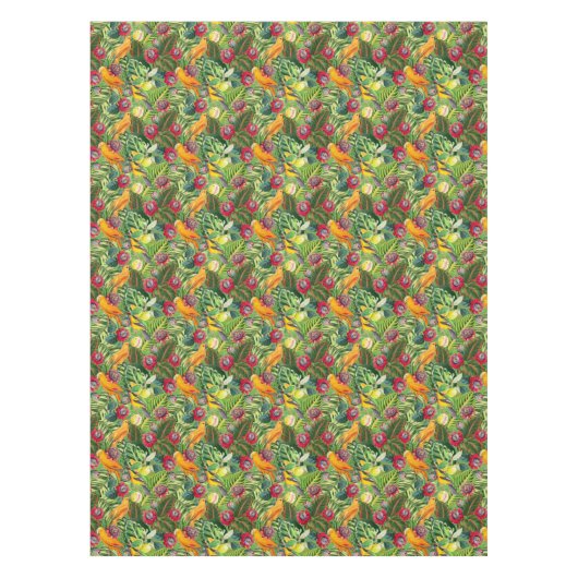 Oranje parrots in het Tropische Bloem van het Oerw Tafelkleed (Voorkant)