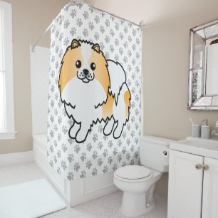 Oranje Parti-Kleur Pomeranian Cartoon Hond & Pootj Douchegordijn