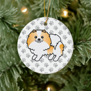 Oranje Parti-Kleur Pomeranian Cartoon Hond & Pootj Keramisch Ornament