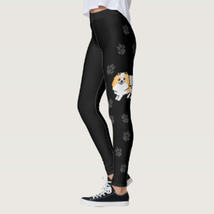 Oranje Parti-Kleur Pomeranian Cartoon Hond & Pootj Leggings