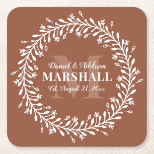 Oranje Pas getrouwd Couple Wreatmonogram naam Kartonnen Onderzetters