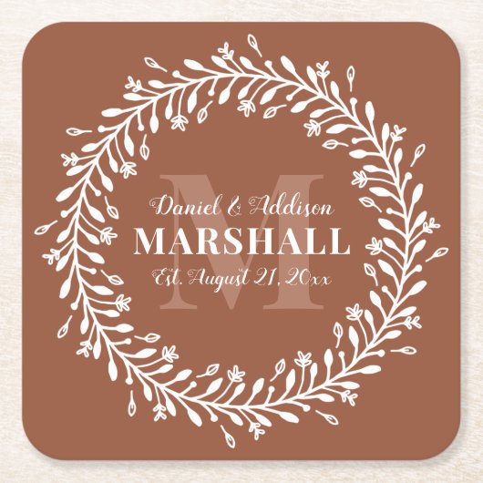 Oranje Pas getrouwd Couple Wreatmonogram naam Kartonnen Onderzetters (Voorkant)