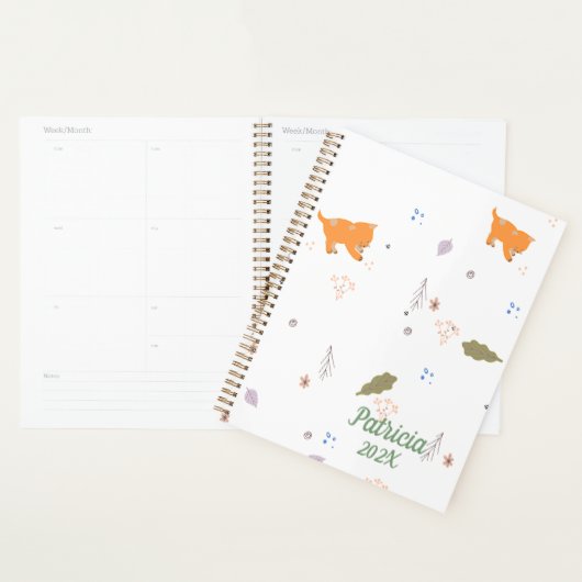 Oranje patroon met tablet en bladeren planner (Display)