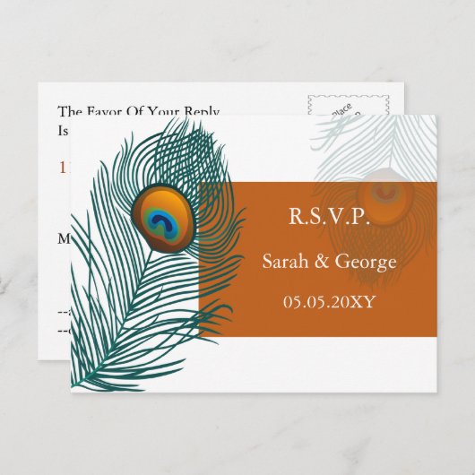 oranje pauw bruiloft RSVP Uitnodiging Briefkaart (Voorkant / Achterkant)