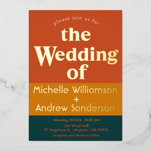 Oranje Pauw Modern Retro Folie Uitnodiging (Voorkant)