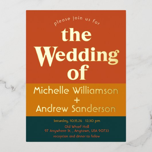 Oranje Pauw Modern Retro Folie Uitnodiging Briefkaart (Voorkant)